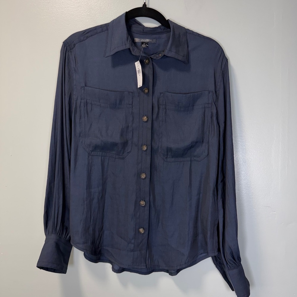 Banana Republic Womens XS Navy Blue Utility Pocket Button Down Shirt 772408-01-1